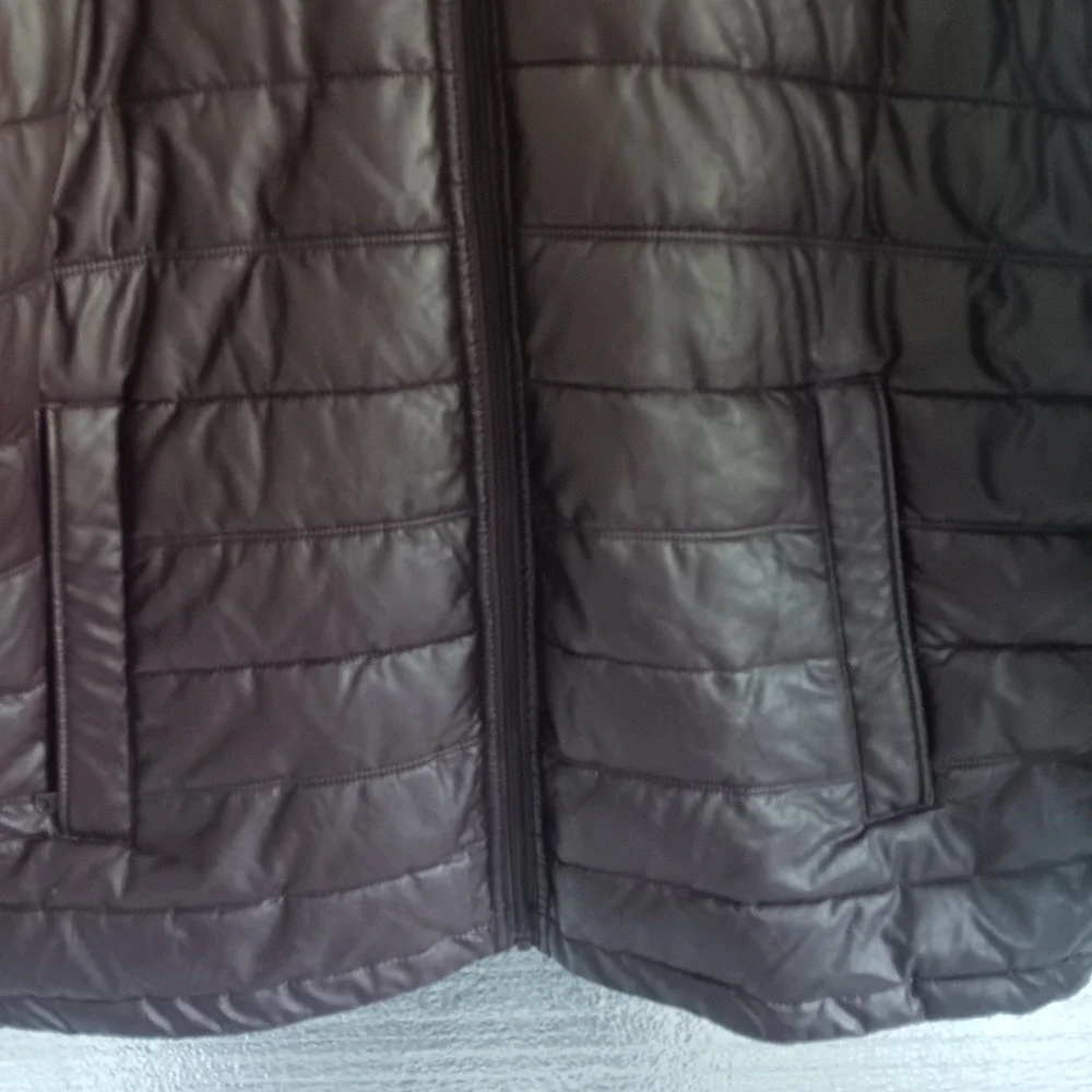 Tommy Hilfiger Puffer Jacket Mens XL Brown EUC Faux Leather Quilted Zip